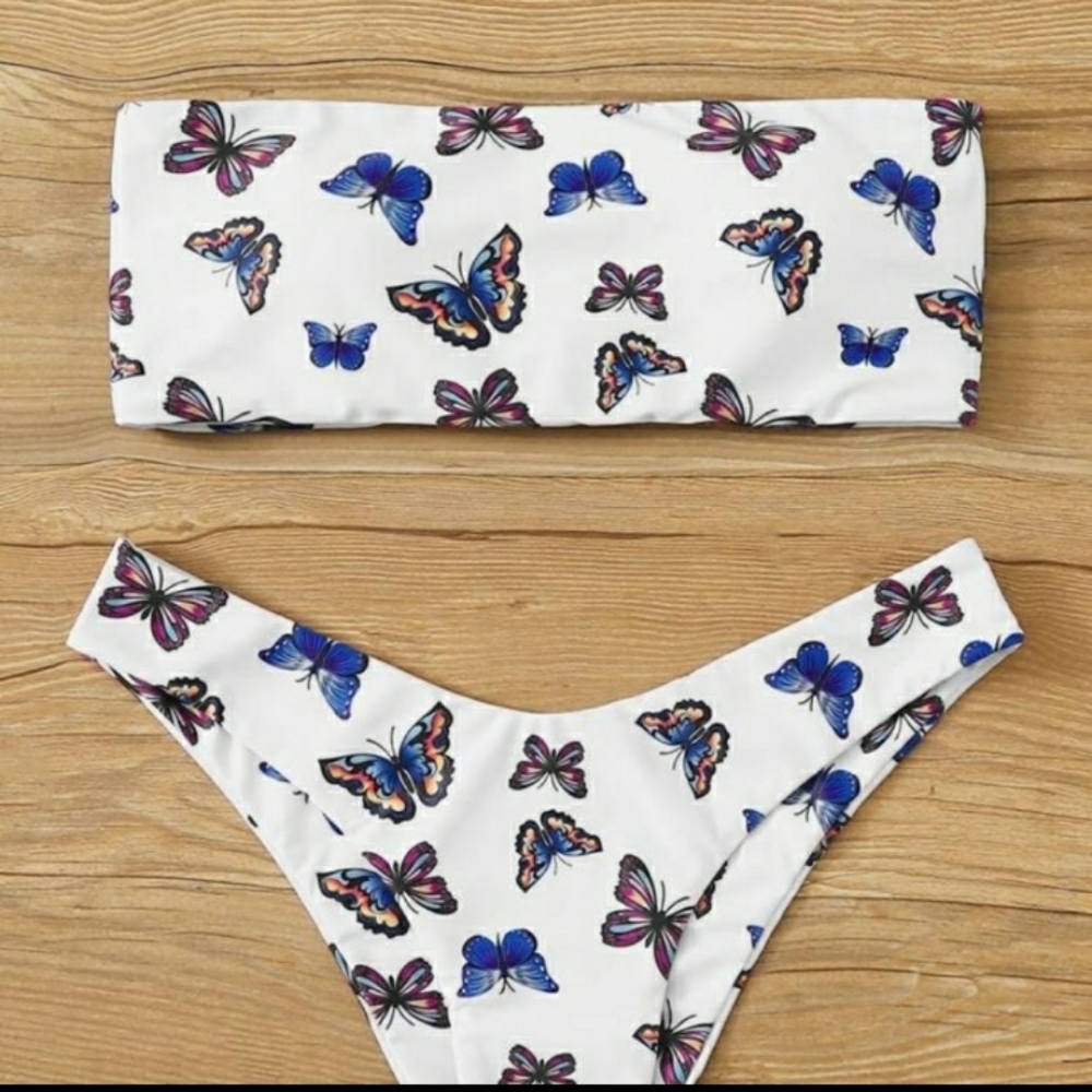 Butterfly Print Lace Up Bandeau High Cut Bikini - Picture 4 of 5